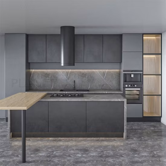 2023 Gabinetes de cocina usados ​​sin laca gris con isla de cocina y aparador